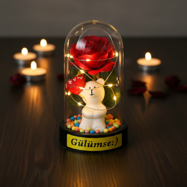 Balonlu Ayıcık Ledli Gül Fanus  - 3